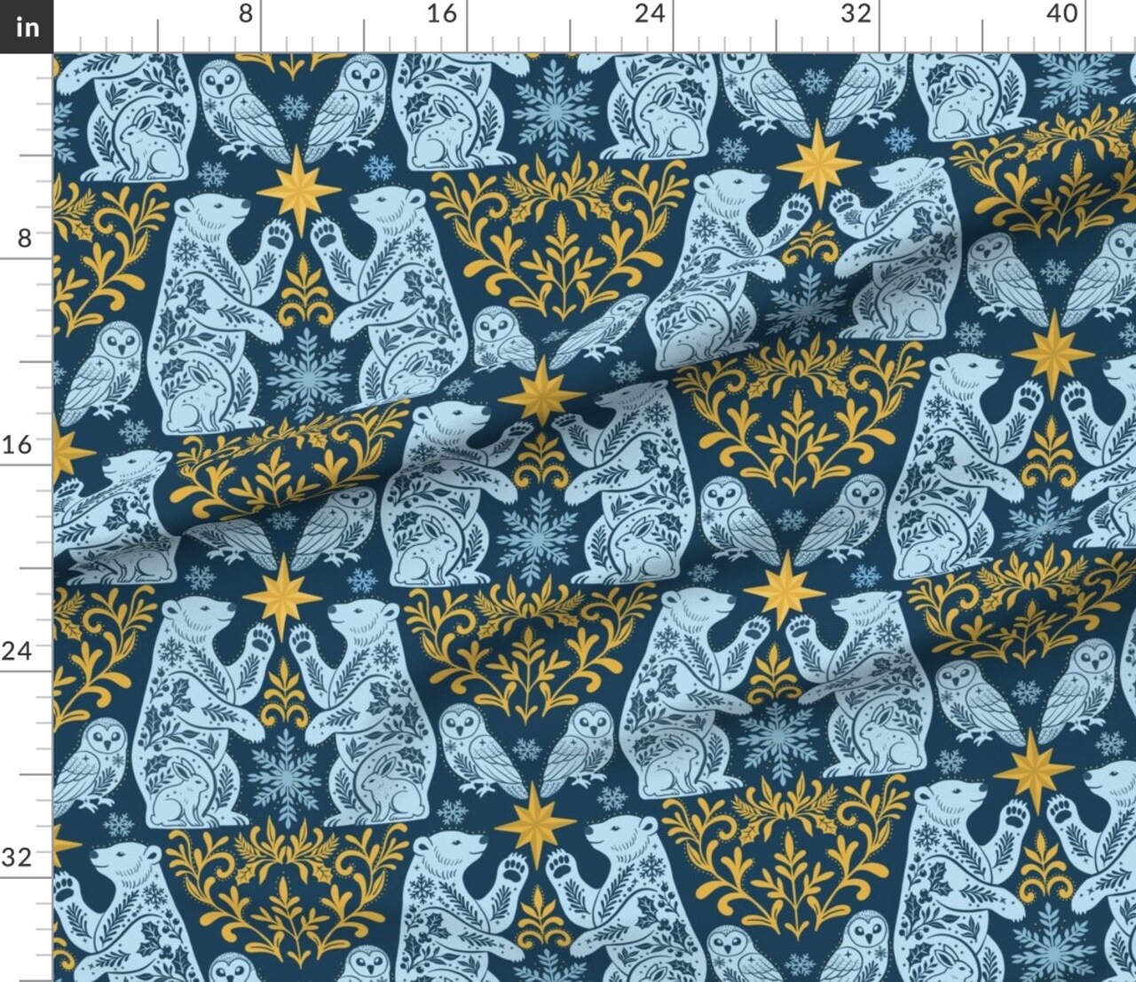 Damask Polar Bear Monochromatic Scandinavian Festive Frozen Celestial Star Owl Folk Art Scandi Custom Printed Fabric by Spoonflower Various Fabrics by the Yard or Fat Quarter